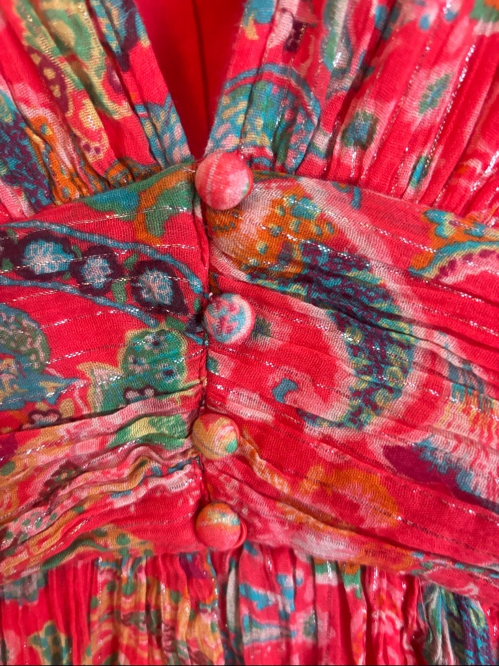 Anthropologie Red Paisley V-Neck Maxi Dress with Puff Sleeves - Picture 4 of 8